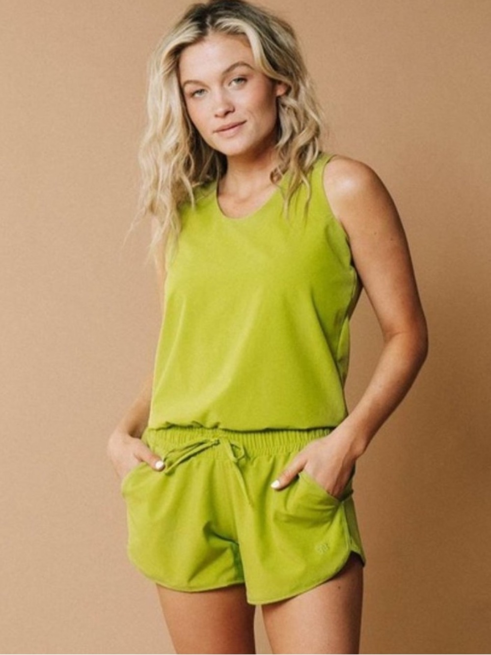 Albion Sleeveless Snap Pea Green Elastic Waist Pursuit Romper with Pockets